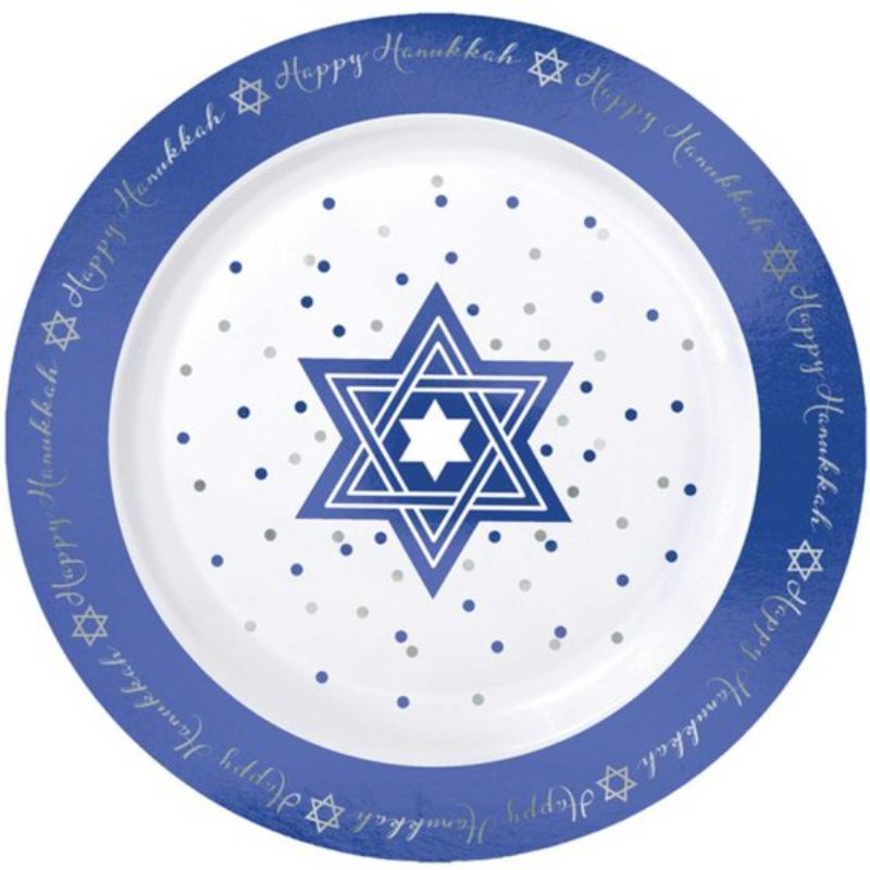 Hanukkah Premium Round Plastic Plates Foil Hot Stamped - Pack of 20