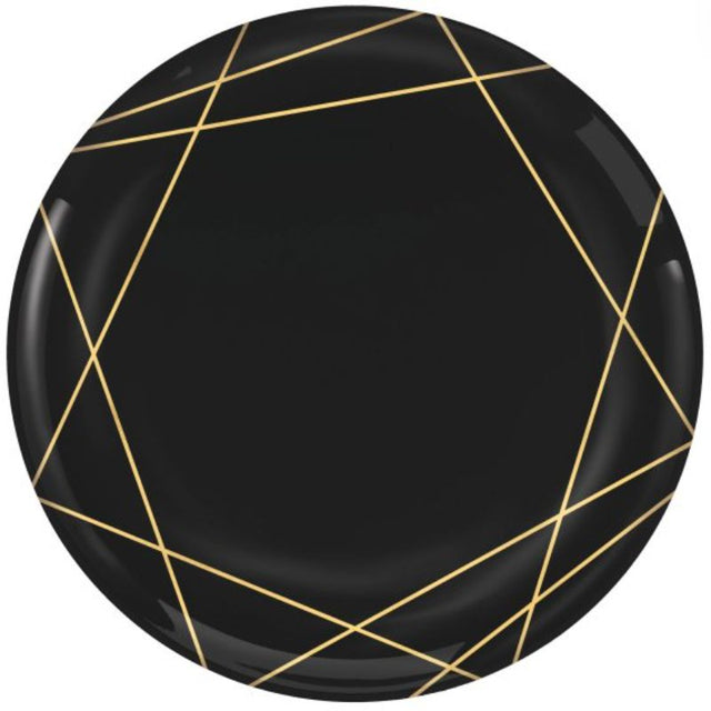 Premium gold geo plastic plates, 19cm, pack of 20. Elegant design for stylish dining and easy cleanup at any event.