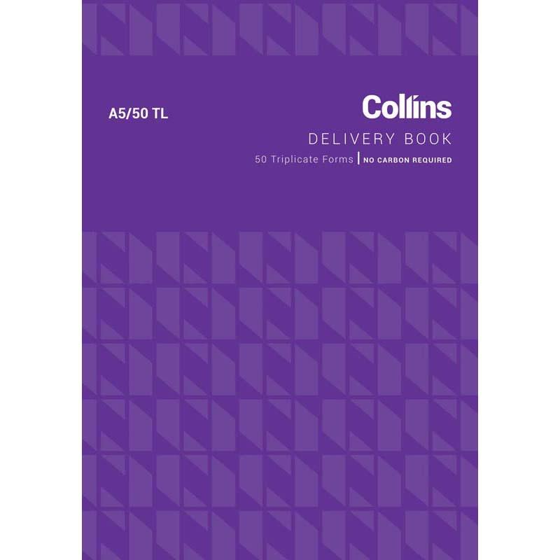 Collins Goods Delivery A5 triplicate forms, no carbon needed, 55 GSM, 50 leaves for efficient delivery note management.