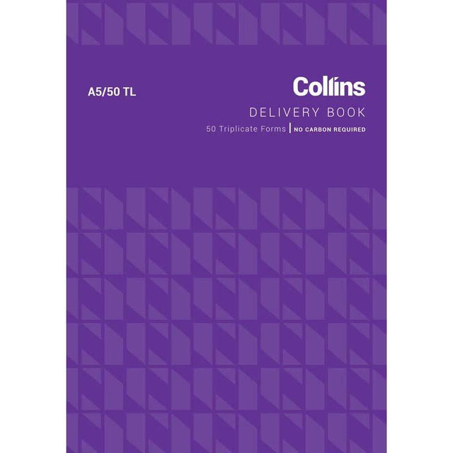 Collins Goods Delivery A5 triplicate forms, no carbon needed, 55 GSM, 50 leaves for efficient delivery note management.