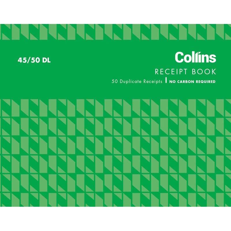 Collins Carbonless Cash Receipt Pad, 50 duplicate receipts, 100x130 mm, eco-friendly, clear print quality for easy record-keeping.