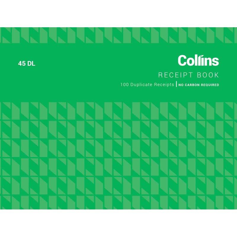 Collins Cash Receipt 45DL Duplicate, no carbon required, 100 leaves, 100x130 mm, for efficient, professional transaction records.