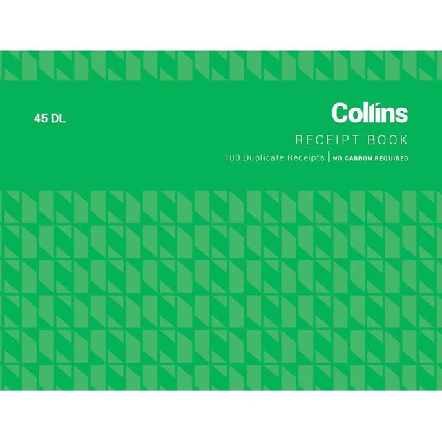 Collins Cash Receipt 45DL Duplicate, no carbon required, 100 leaves, 100x130 mm, for efficient, professional transaction records.