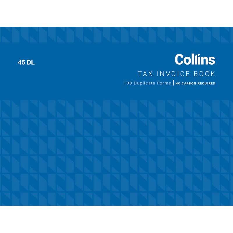 Collins Tax Invoice 45DL, 100x130mm, no carbon needed, 100 leaves for easy, eco-friendly invoicing in NZ.