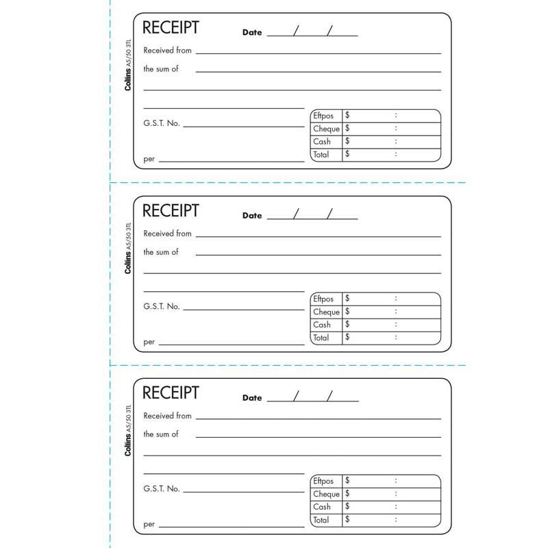 Collins Cash Receipt A5 triplicate pads, 50 leaves, carbon-free, 210x148mm, ideal for efficient transaction record-keeping.