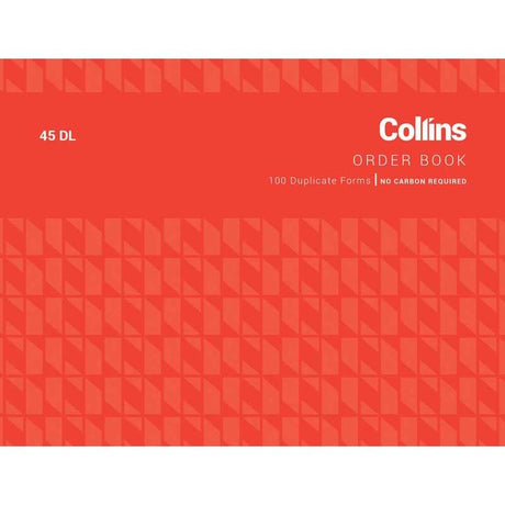 Collins Goods Order 45DL book, 100 leaves, 55 GSM paper for clear, carbon-free order management in retail and service industries.