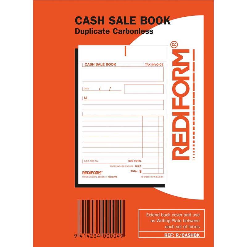 Rediform cash sale book in red, featuring 50 duplicate receipt sets, self-carbonated design, and flat-laying pages for easy writing.