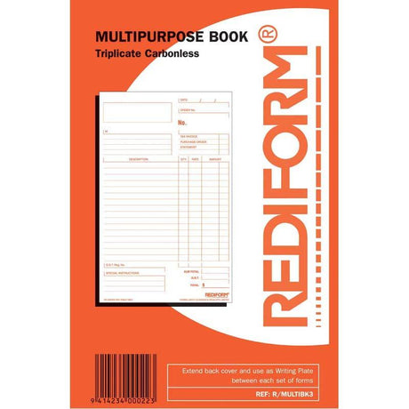 Rediform multipurpose triplicate book with 50 self-carbonating leaves, modern layout, and lie-flat design for easy documentation.