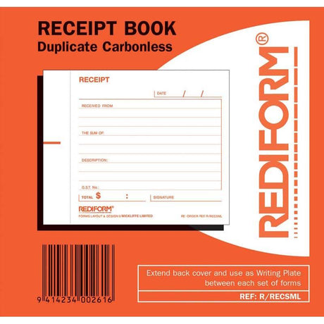 Rediform receipt book in red, 50 leaf, duplicates for clear transaction records, measures 130x100mm, self-carbonated sheets.