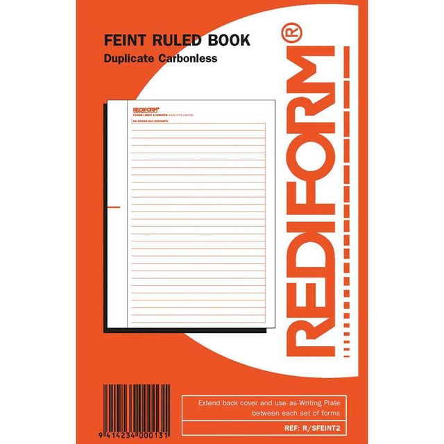 Rediform Feint Ruled Duplicate Book with 50 lie-flat, self-carbonated pages for neat, efficient writing; compact 210x155mm size.