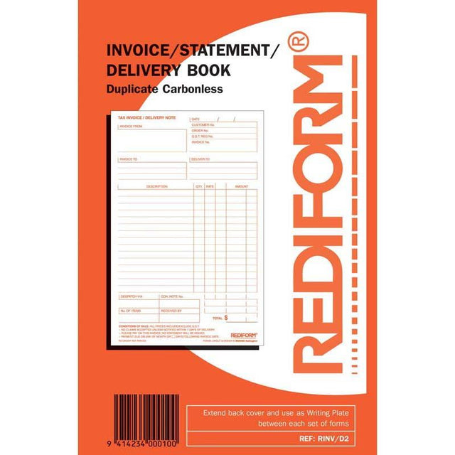 Rediform Invoice Book with 50 duplicate leaves for efficient record-keeping, featuring a clear layout and self-carbonated design.