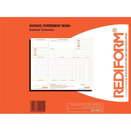 Rediform Book Invoice Statement Duplicate with 50 lie-flat, self-carbonated pages for organized financial records in vibrant red.