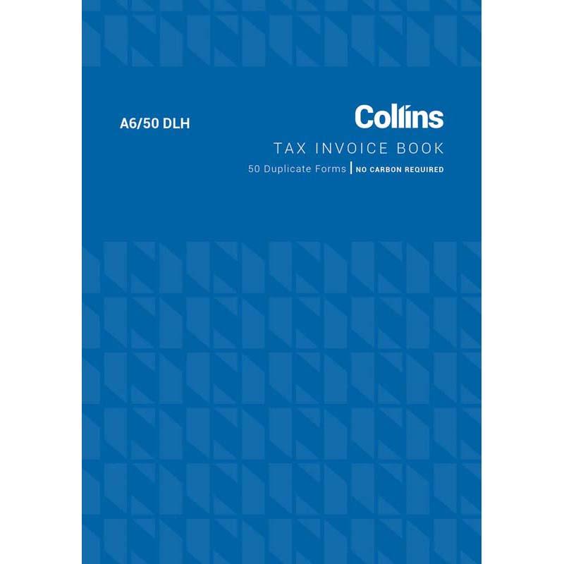 Collins A6 tax invoice book with 50 duplicate leaves, no carbon required, perfect for seamless business transactions.