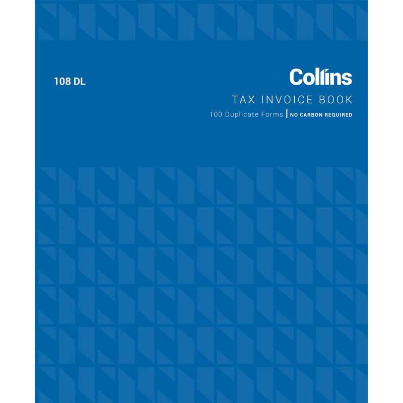 Collins Tax Invoice book, 108DL size, 100 leaves, no carbon required, designed for efficient and eco-friendly invoicing.