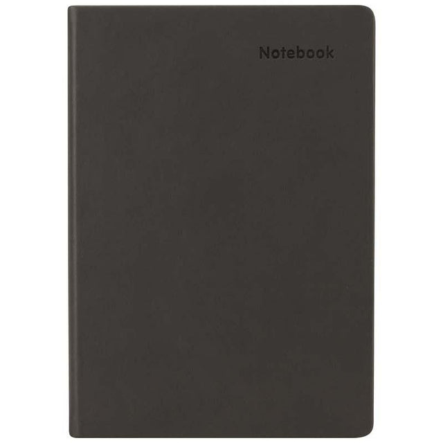 Stylish A5 dark grey notebook with 192 ruled pages, soft PU padding, and a handy back pocket for notes.