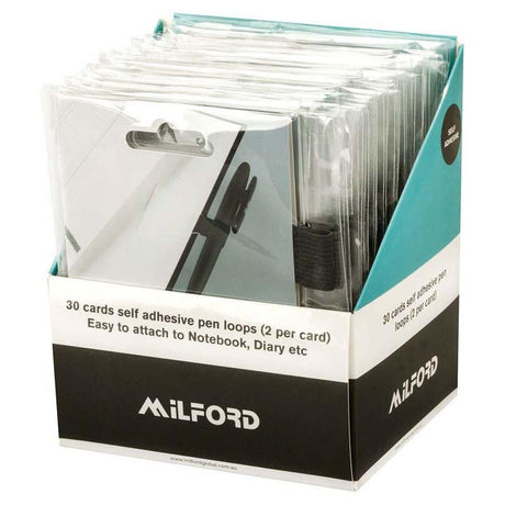 Display of 30 Milford adhesive pen loops for secure pen attachment to notebooks and planners, perfect for stationery lovers.