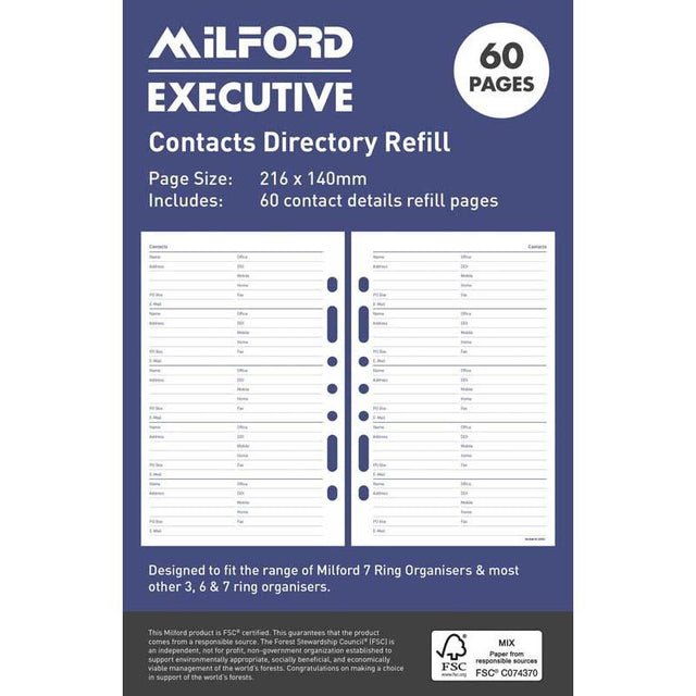 Milford Executive Contacts Refill, 60 pages of 100gsm white offset paper, 7 hole-punched for standard organizers.