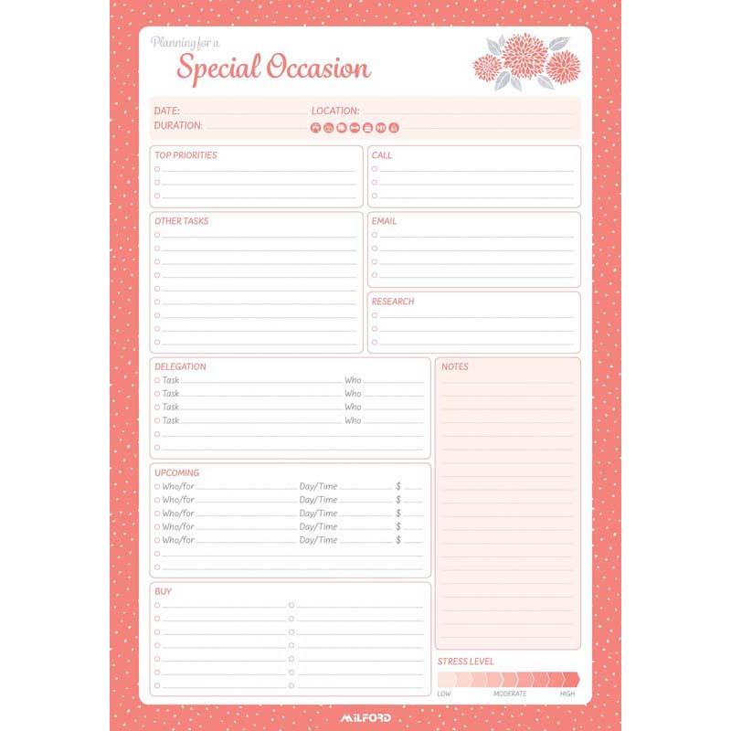 Milford Special Occasion Planner Pad, 60 leaves for organizing events with sections for priorities and contacts, 175x250mm.