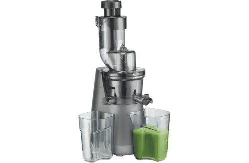 Metallic grey Cuisinart Fusion Slow Juicer with extra wide chute, 200W, easy clean mesh-free filter, and silent operation.