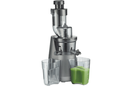 Metallic grey Cuisinart Fusion Slow Juicer with extra wide chute, 200W, easy clean mesh-free filter, and silent operation.