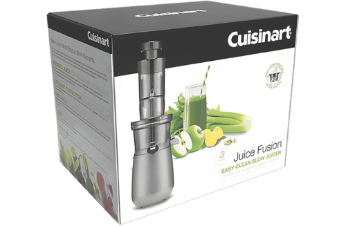 Fusion Slow Juicer by Cuisinart in metallic grey, featuring a 200W motor, easy clean mesh-free filter, and ultra-quiet operation.