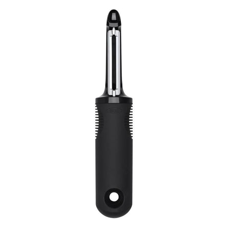 OXO Good Grips Swivel Peeler with twin stainless steel blades, oversized non-slip handle, and built-in eye remover for easy veggie prep.