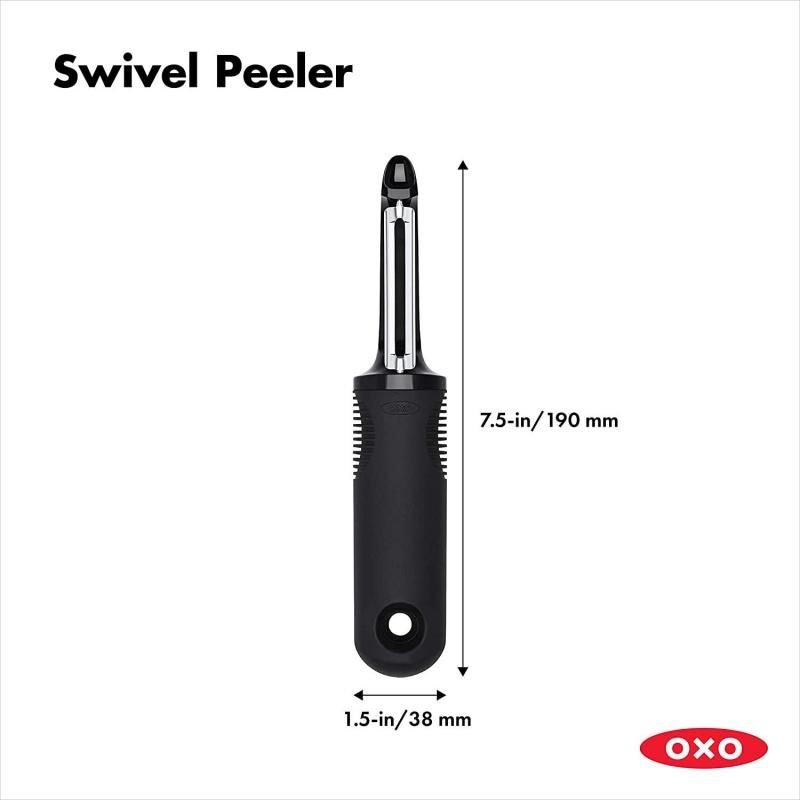 OXO Good Grips Swivel Peeler with twin stainless steel blades and a non-slip handle, ideal for peeling tough-skinned fruits and vegetables.