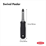 OXO Good Grips Swivel Peeler with twin stainless steel blades and a non-slip handle, ideal for peeling tough-skinned fruits and vegetables.