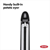 OXO Good Grips Swivel Peeler with stainless steel blades, oversized non-slip handle, and built-in eye remover for easy peeling.