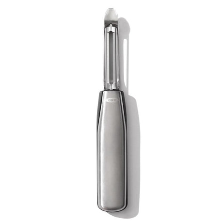 Sleek OXO Steel Swivel Peeler with a sharp blade and ergonomic handle for easy fruit and vegetable prep.