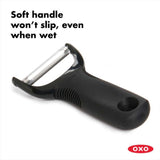 OXO Good Grips Y-Peeler with pivoting stainless steel blade and comfortable slip-proof handle, ideal for quick peeling tasks.