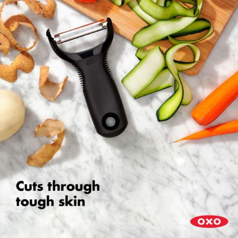 OXO Good Grips Y-Peeler with stainless steel blade and comfortable handle for effortless peeling of fruits and vegetables.