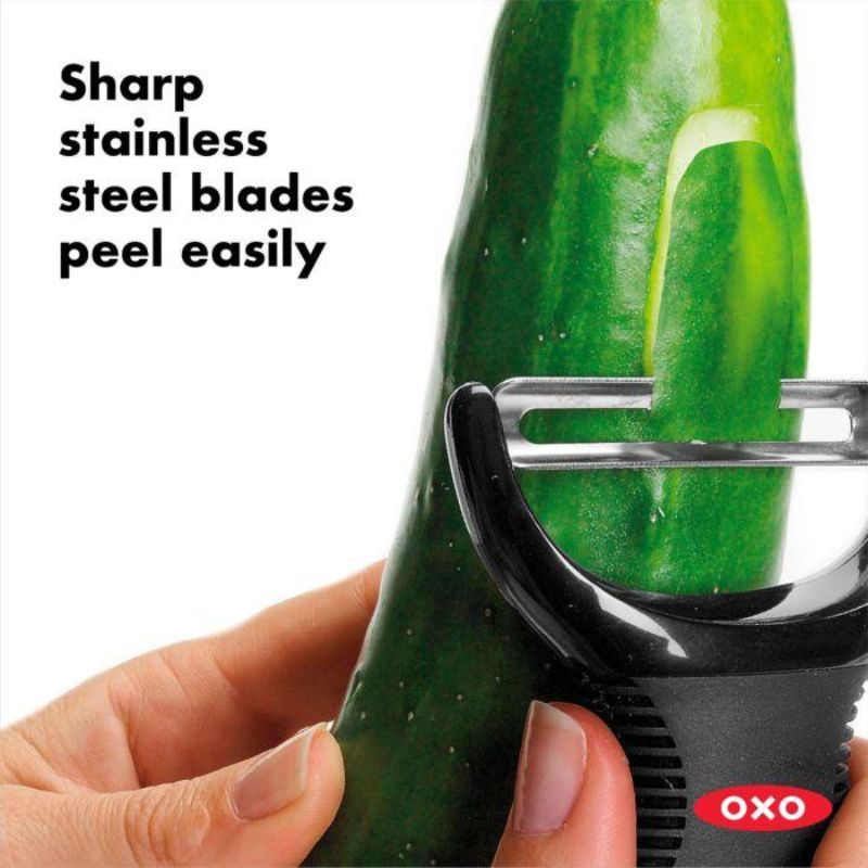 OXO Good Grips Y-Peeler with stainless steel blade and slip-proof handle for efficient peeling of fruits and vegetables.