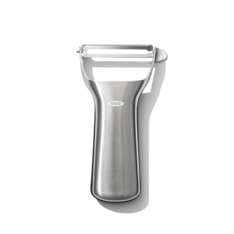 OXO Steel Y Peeler featuring a Japanese stainless steel blade, ergonomic handle, and swivel design for effortless peeling.