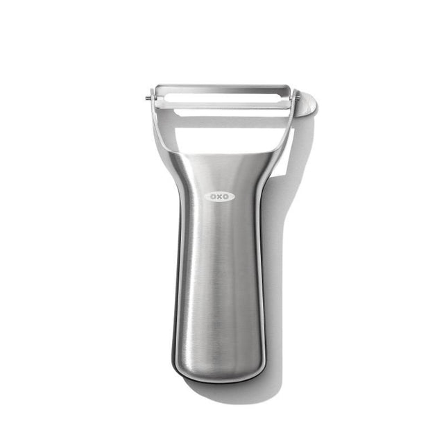 OXO Steel Y Peeler featuring a Japanese stainless steel blade, ergonomic handle, and swivel design for effortless peeling.