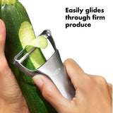 OXO Steel Y Peeler with Japanese stainless steel blade and ergonomic handle, perfect for effortless peeling and slicing.