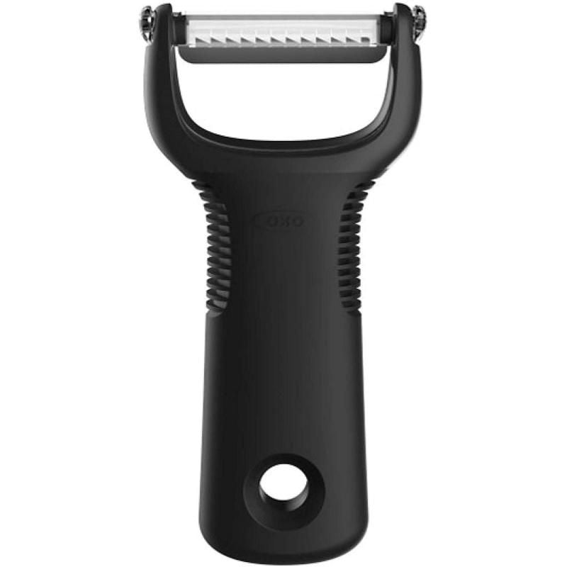 OXO Good Grips Julienne Peeler creating precise vegetable strips with a comfortable non-slip handle for easy garnishing.