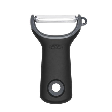 Compact Y-peeler with ergonomic grip and rustproof stainless steel blades for effortless peeling of fruits and vegetables.