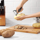 OXO Good Grips Prep Y-Peeler with ergonomic handle and rustproof Japanese stainless steel blade, perfect for effortless peeling.