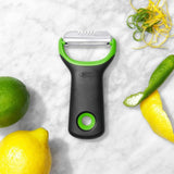 Compact citrus peeler and zester with ergonomic handle and sharp stainless steel blades for effortless zesting and peeling.