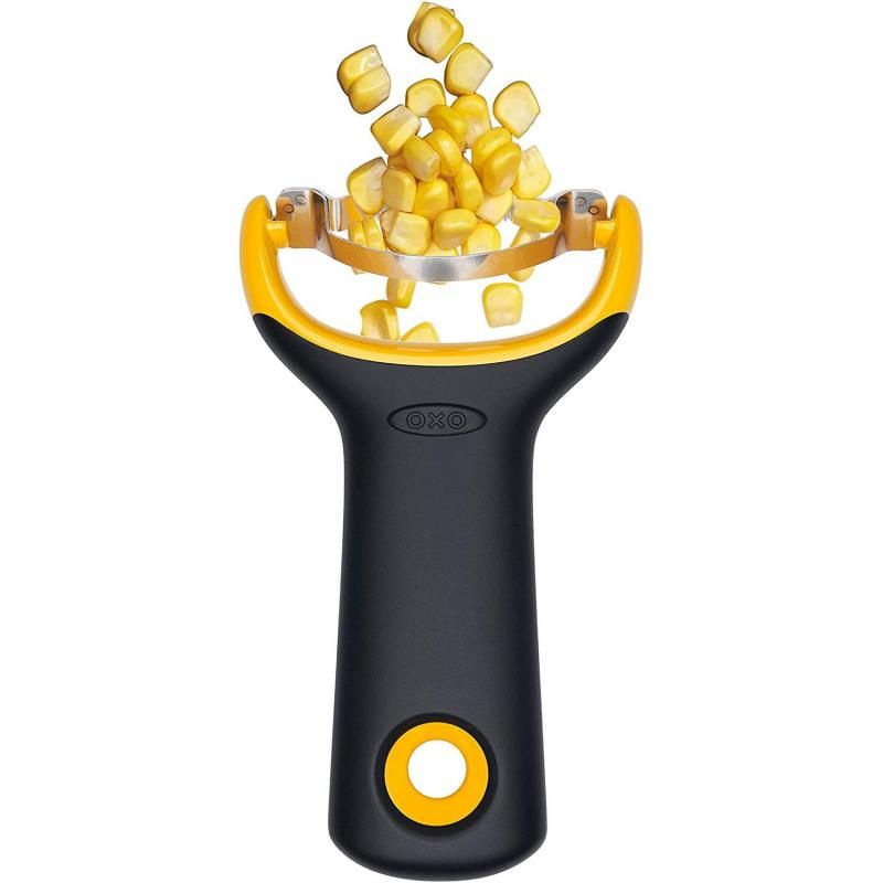 OXO Good Grips Corn Prep Peeler with a non-slip handle and sharp stainless steel blade for easy corn kernel removal.