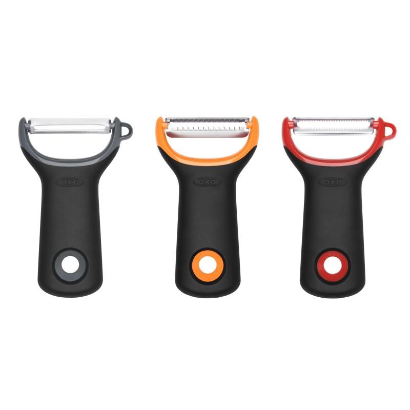 3-piece OXO Good Grips Prep Peelers Set with ergonomic handles and rustproof blades for effortless fruit and vegetable prep.