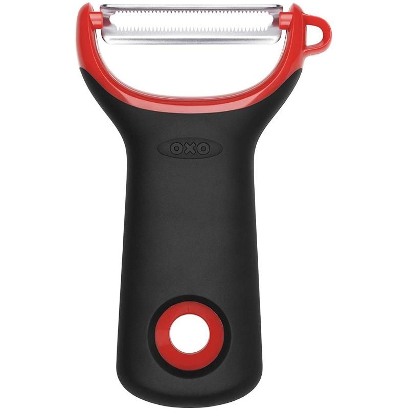 OXO Good Grips 3-Piece Peeler Set featuring straight, serrated, and julienne peelers with ergonomic handles and stainless steel blades.