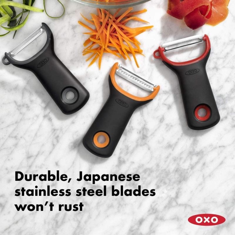 3-piece OXO Good Grips Prep Peeler Set with Y-shaped design, sharp stainless steel blades, and ergonomic non-slip handles.