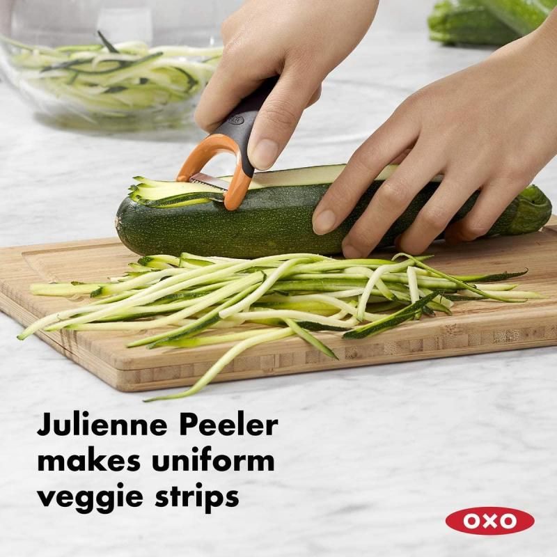 3-piece OXO Good Grips peeler set featuring straight, serrated, and julienne peelers with ergonomic, non-slip handles.