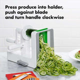 OXO Good Grips Tabletop Spiralizer with three blades, strong suction base, and food holder for creating healthy vegetable noodles.