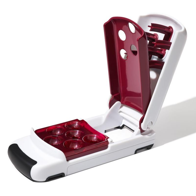 Multi-Cherry Pitter for easy pit removal, pitting up to six cherries at once with a removable pit tray and adjustable base.