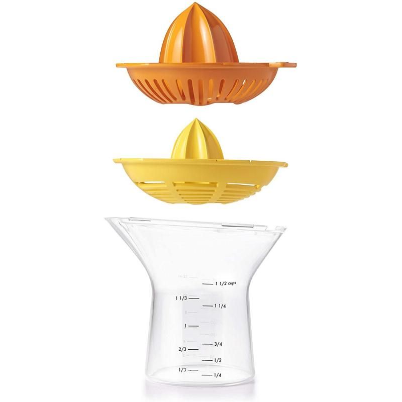 Versatile OXO Good Grips 2-In-1 Citrus Juicer with interchangeable reamers, measurement markings, and drip-free spout.