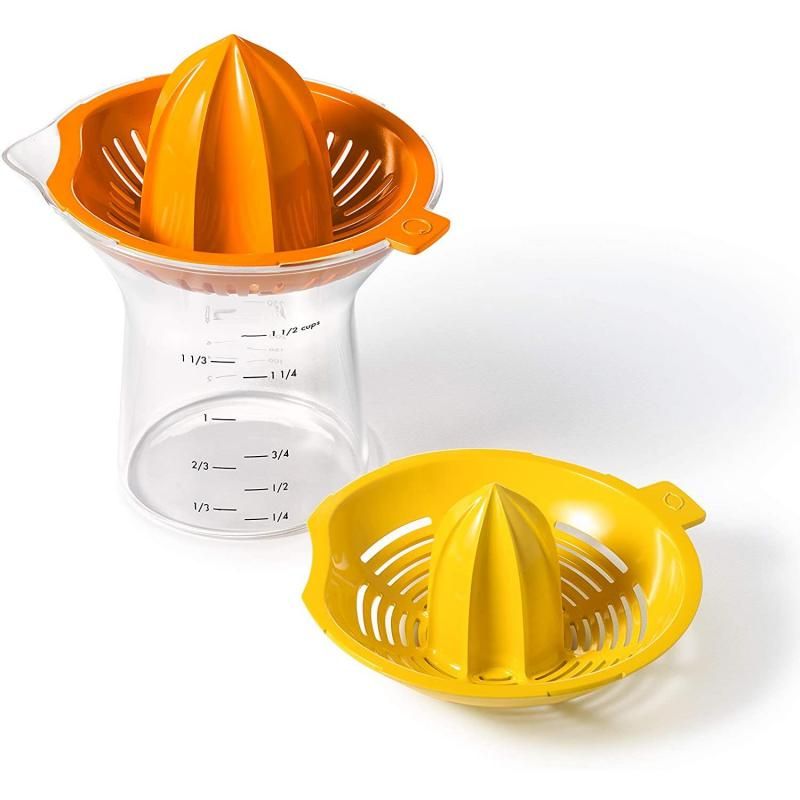 OXO Good Grips 2-In-1 Citrus Juicer with interchangeable reamers, comfy grip, drip-free spout, and easy measurement markings.