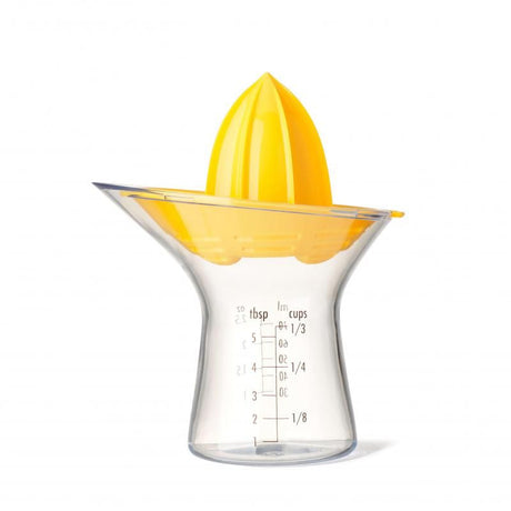 Compact OXO Good Grips Small Citrus Juicer with 2.5 oz cup, measuring markings, and drip-free spout for effortless juicing.